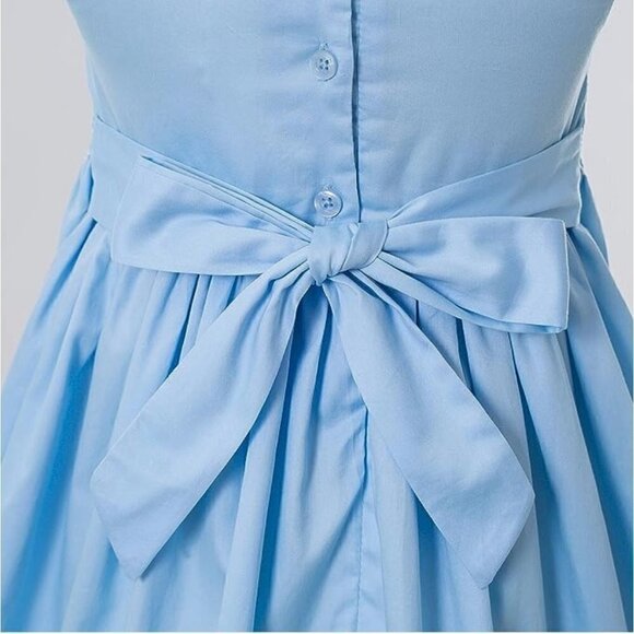 Solid Blue Smocked Dress Pink Rose Embroidery Peter Pan Collar & Sock Bundle - Picture 12 of 14